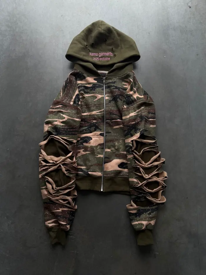 Camo zip-up with distressed sleeves, a 2025 exclusive sample