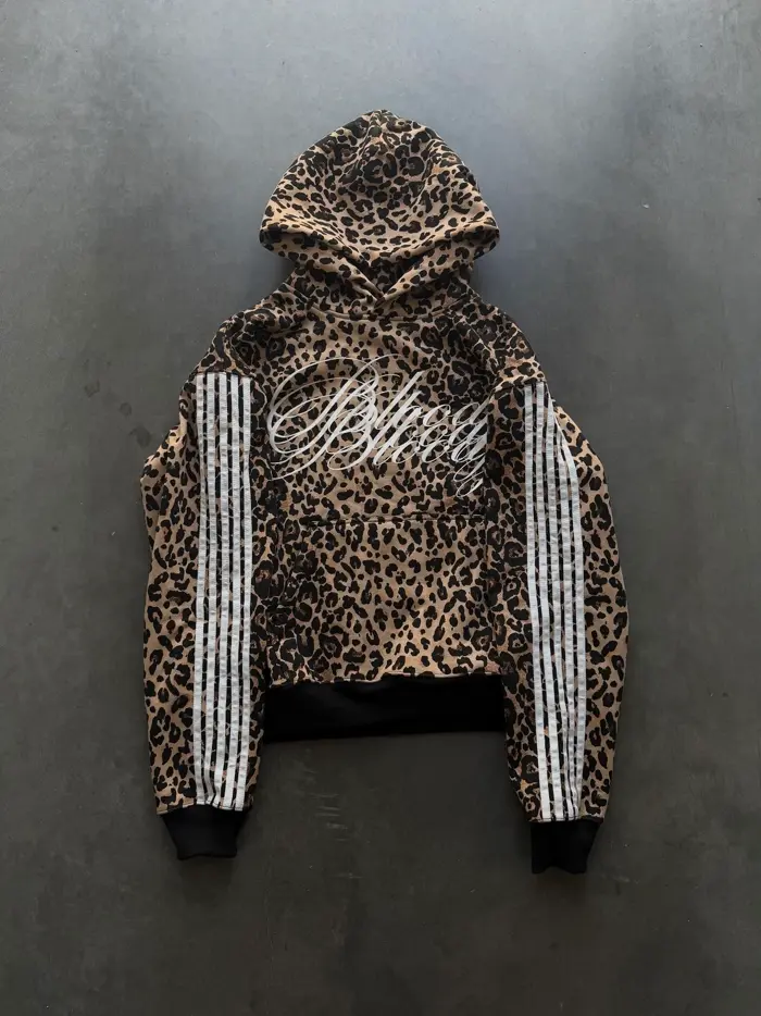 Black hoodie with layered Save Me From Overthinking print and leopard lined hood