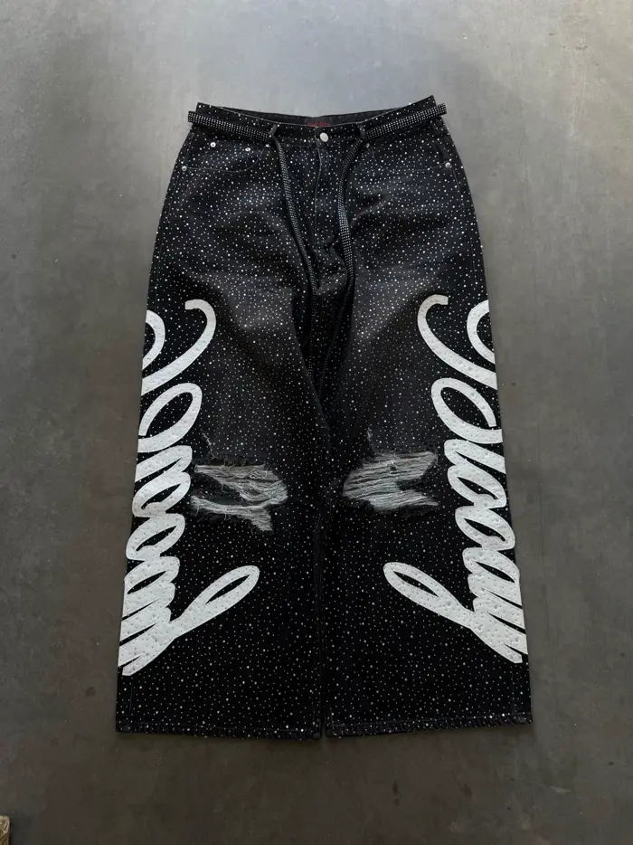 Washed blue KRUNA sweatpants with rhinestone lettering