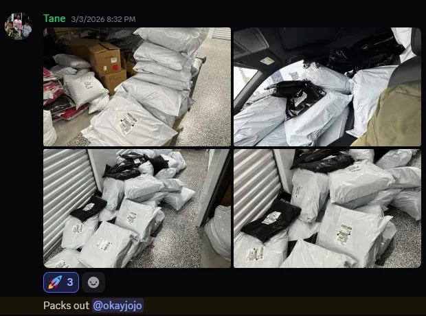 Discord post from Tane captioned Packs out: four photos of packed orders ready to ship