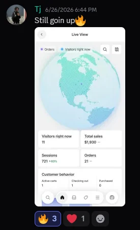 Tj posting Still going up: live store view showing $1,930 in sales today